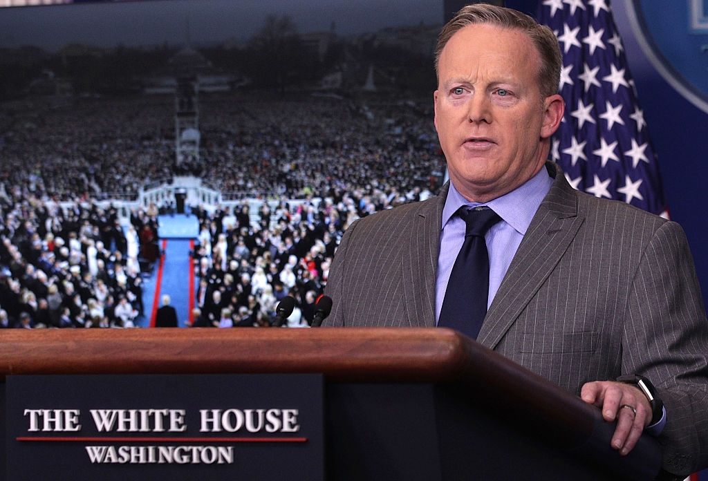 WASHINGTON, DC - JANUARY 21: White House Press Secretary Sean Spicer makes a statement to members of the media at the James Brady Press Briefing Room of the White House January 21, 2017 in Washington, DC. Spicer spoke on a few topics including his accusation of media not to report honestly. (Photo by Alex Wong/Getty Images)