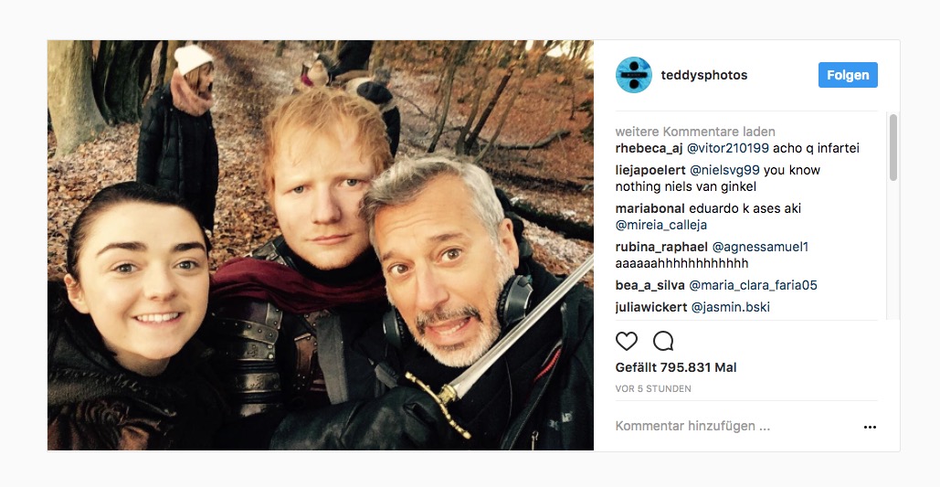 Kopfhörer in Westeros? Ed Sheeran postete ein Behind-The-Scenes-Foto von „Game Of Thrones“ auf Instagram
