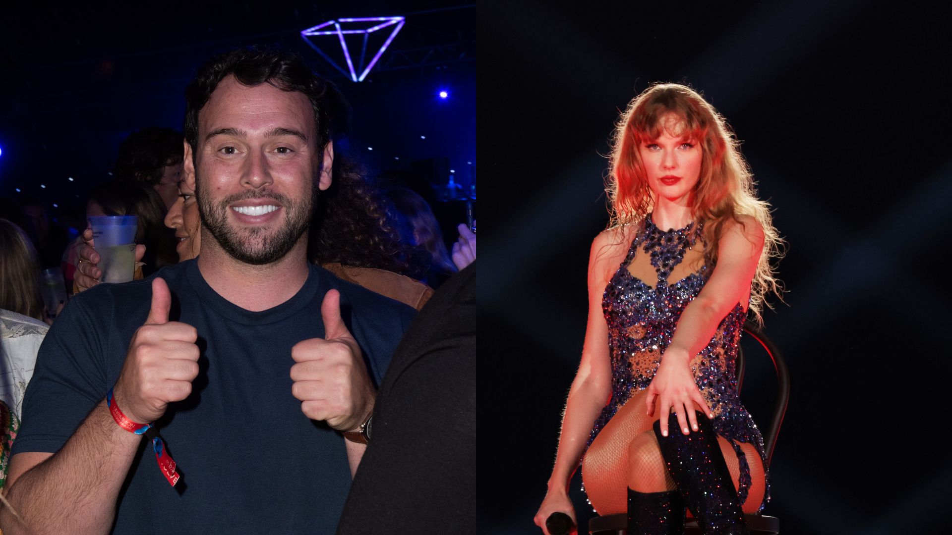 Links: Scooter Braun besucht das „HOMECOMING WEEKEND“ am 11. Februar 2022 in Los Angeles; Rechts: Taylor Swift tritt während der „Taylor Swift | The Eras Tour“ im Nationalstadion am 02. März 2024 in Singapur auf