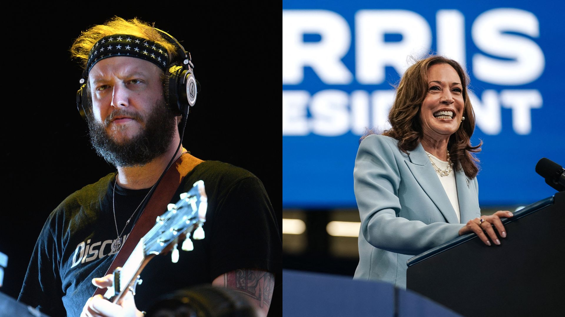 Links: Justin Vernon von Bon Iver tritt als Headliner auf der North Stage während des All Points East Festivals im Victoria Park am 2. Juni 2019 in London, England auf; Rechts: Vizepräsidentin und demokratische Präsidentschaftskandidatin 2024 Kamala Harris spricht bei einer Wahlkampfveranstaltung in Atlanta, Georgia, am 30. Juli 2024