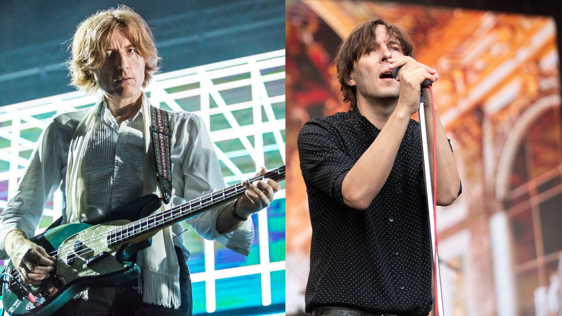 Links: Nicolas Godin von Air gibt ein Konzert während des Festivals Jardins de Pedralbes am 10. Juli 2017 in Barcelona, Spanien. Rechts: Thomas Mars von Phoenix tritt am 18. Juli 2024 in den Iveagh Gardens in Dublin, Irland, auf.