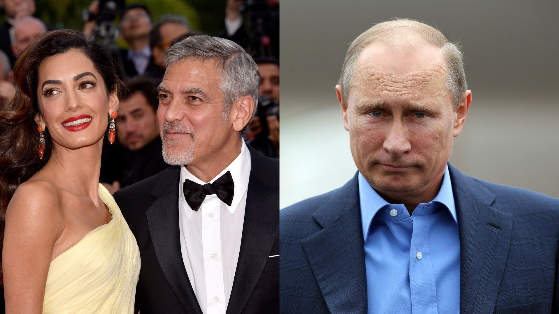 Links: Schauspieler George Clooney und seine Frau Amal Clooney besuchen die Premiere von „Money Monster“ während der 69. jährlichen Filmfestspiele von Cannes im Palais des Festivals am 12. Mai 2016 in Cannes: Rechts: Der russische Präsident Wladimir Putin trifft am 17. Juni 2013 auf dem internationalen Flughafen von Belfast in Nordirland ein