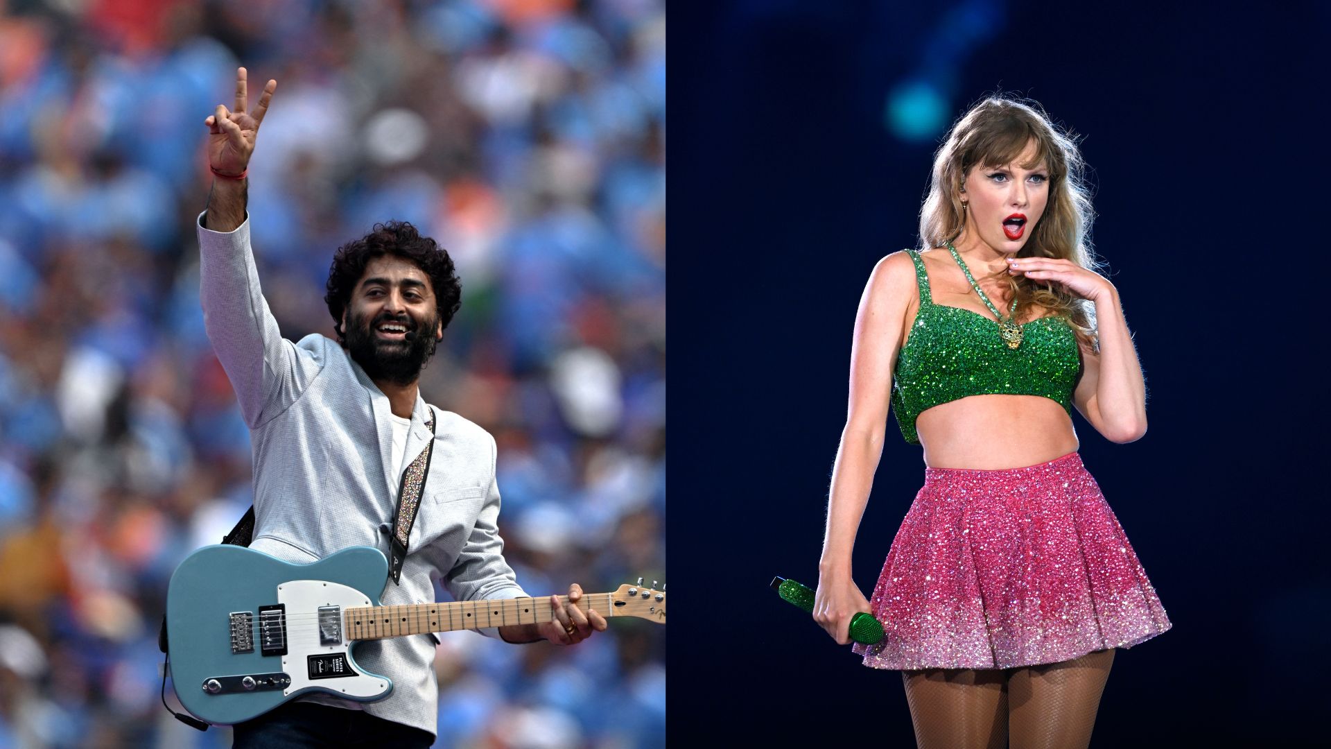 Links: Arijit Singh tritt vor dem Beginn des Ein-Tages-Länderspiels der ICC-Kricket-Weltmeisterschaft der Männer 2023 zwischen Indien und Pakistan auf; Rechts: Taylor Swift tritt auf der Bühne während der „Taylor Swift | The Eras Tour“ im Wembley-Stadion am 15. August 2024 in London auf