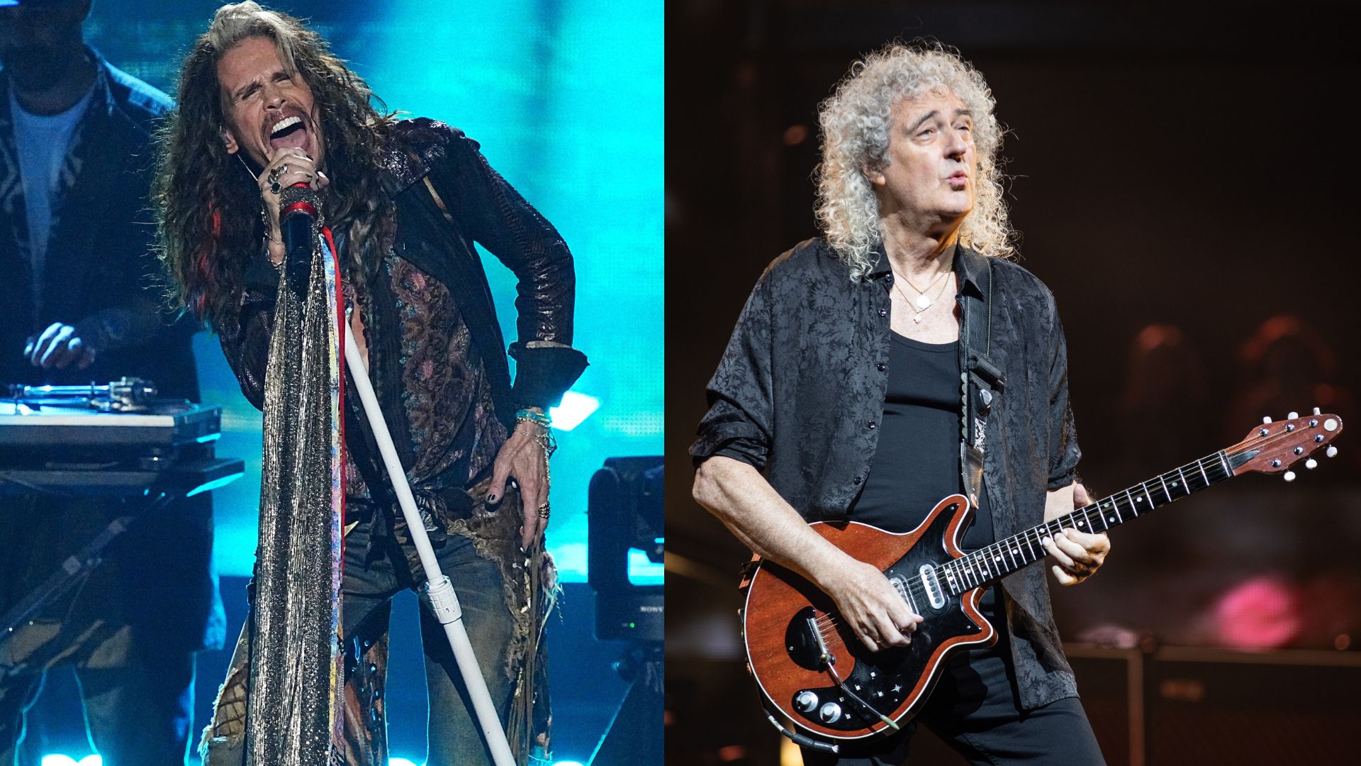 Links: Steven Tyler tritt 2022 auf der Bühne während der 37th Annual Rock & Rechts: Brian May von Queen tritt am 08. November 2023 im Chase Center in San Francisco, Kalifornien auf