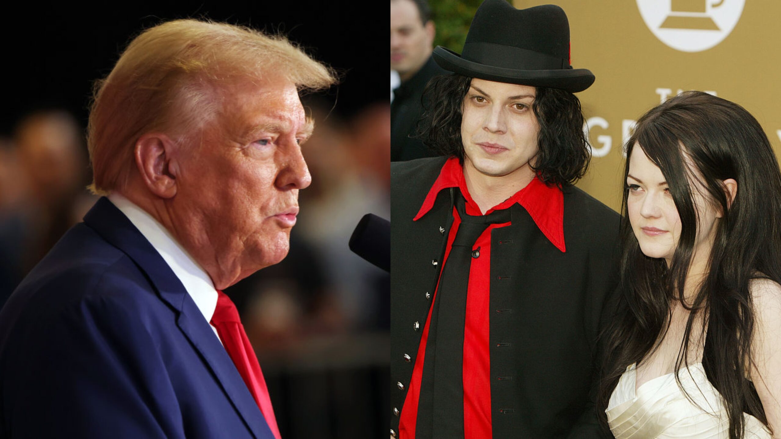 (l.) Donald Trump bei einer Pressekonferenz im Trump Tower im September 2024/(r.)Jack und Meg White auf den 46. Grammy Awards in Los Angeles im Februar 2004