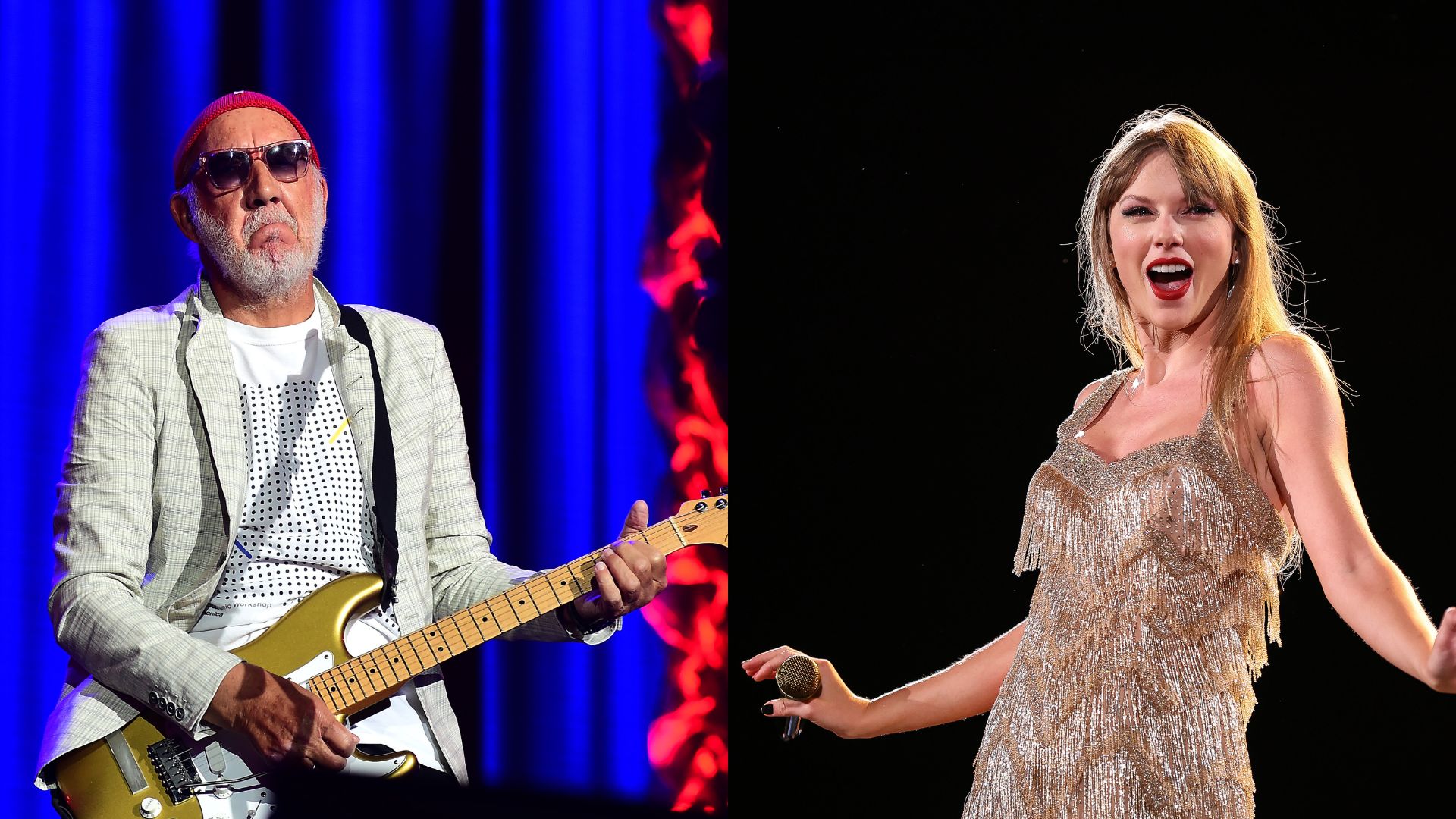 Links: Pete Townshend von The Who tritt bei Firenze Rocks 2023 in der Visarno Arena am 17. Juni 2023 in Florenz auf, Rechts: Taylor Swift tritt am 24. August 2023 in Mexiko auf