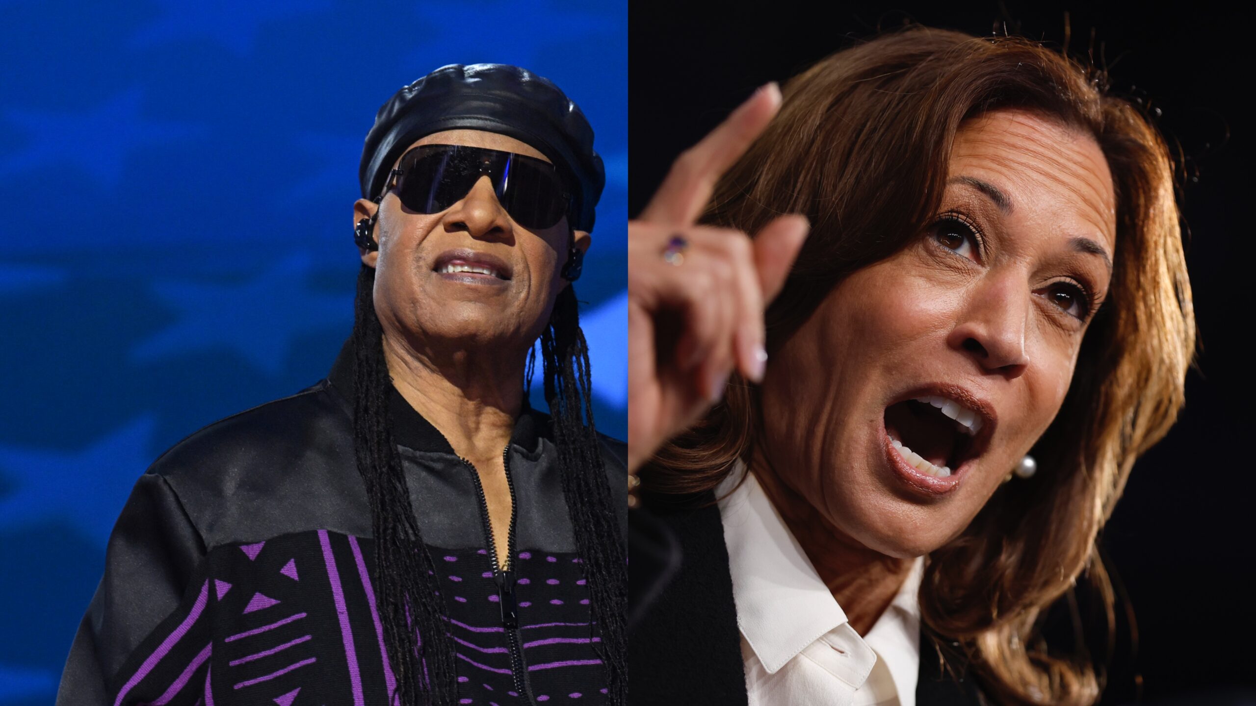 Stevie Wonder (l.); Kamala Harris (r.)