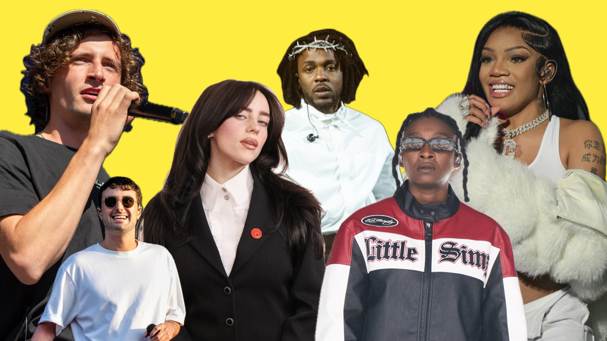 von l. nach r.: Levin Liam, Fred Again.., Billie Eilish, Kendrick Lamar, Little Simz & Glorilla